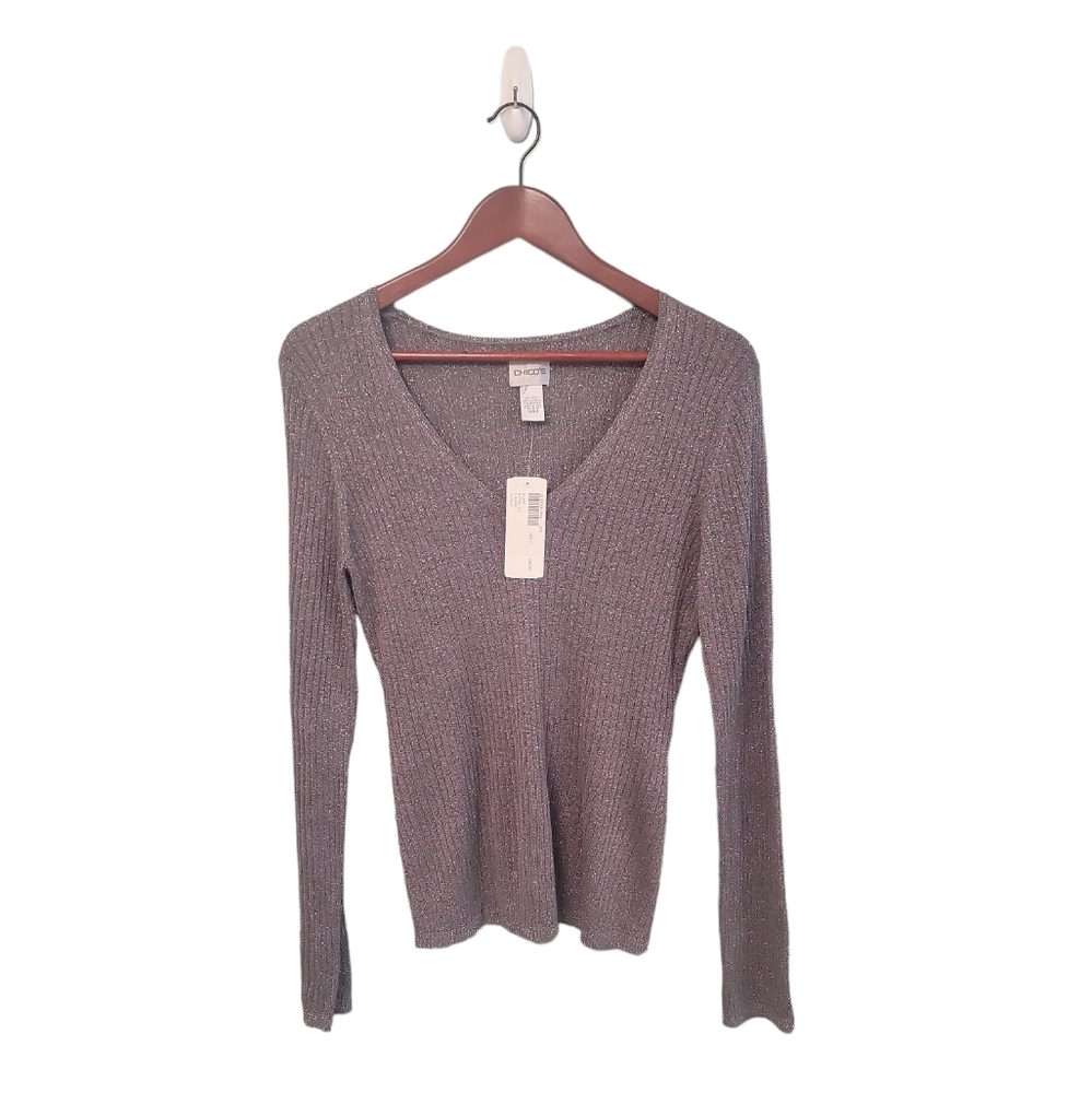 Chico's Glam Metallic Silver V Neck Sweater NWT $58.00‎ Retail Size 2 Medium